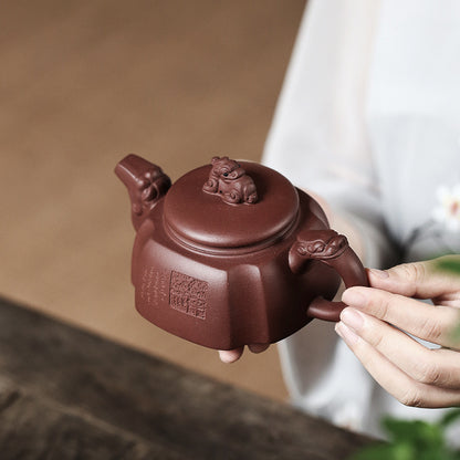 Purpal Clay, Dragon-Head and Dragon-Handle Square Teapot